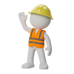 Friendly construction worker character waving hello on white background