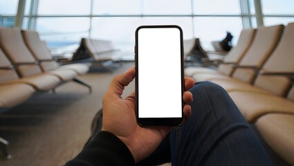A first-person perspective photograph of a hand holding a smartphone vertically while sitting at an airport gate.