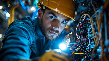 Electrician works on electrical fuse box at a construction site Generative AI