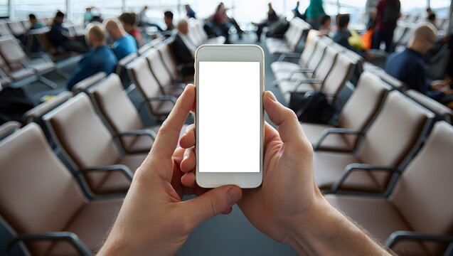 A first-person perspective photograph of a hand holding a smartphone vertically while sitting at an airport gate. - Powered by Adobe