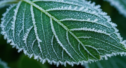 Close-up of a frosty leaf.  A vibrant green leaf is densely coated in a fine layer of frost.  The frost appears as small, white crystals.  The leaf's veins are visible beneath the frost