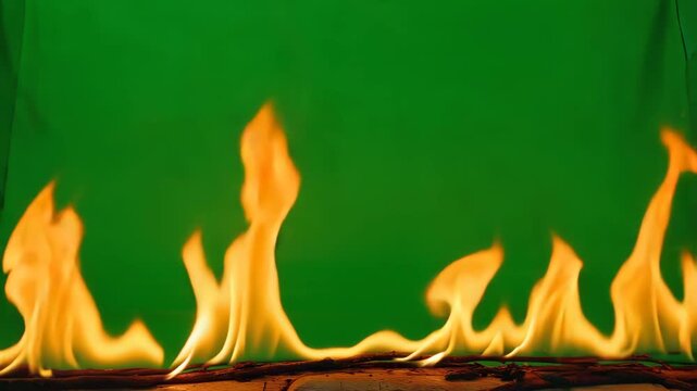 Echt wirkendes Feuer am unteren Bildrand auf gr&uuml;nem Chroma Key Hintergrund &ndash; Freigestelltes Greenscreen Videoeffekt