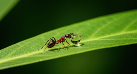Close-up of a red ant carrying a water droplet on a green leaf