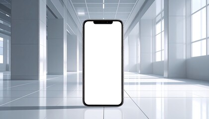 Black Framed Smartphone with White Screen Display Against Bright White Interior Hallway Background