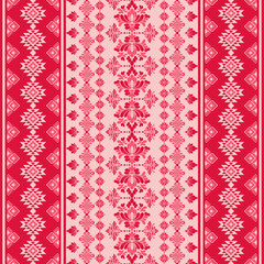 Ethnic inspired vertical panel pattern. Ornate floral motifs in various shades of red and pink on a pale pink background. Geometric and tribal patterns. For textiles, apparel, ribbons, home decor.