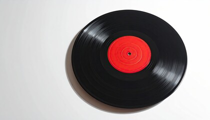 Black Vinyl Record with Red Label on White Background in High Angle Still Life