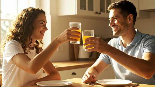 Couple enjoying breakfast and toasting with orange juice in the kitchen.