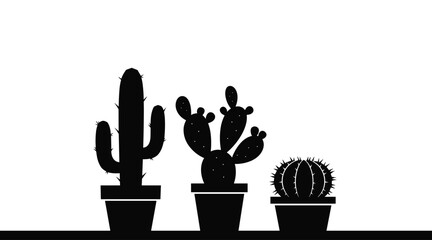 A set of silhouette potted cacti on a white background, cactus potted plant