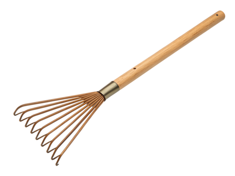 Garden rake with wooden handle isolated on transparent background