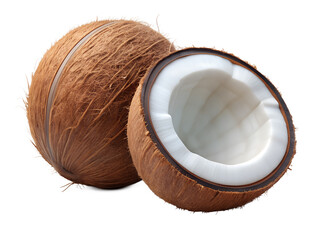 Whole coconut and half coconut isolated on transparent background