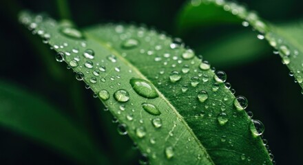 Close-up of a vibrant green leaf, covered in glistening water droplets