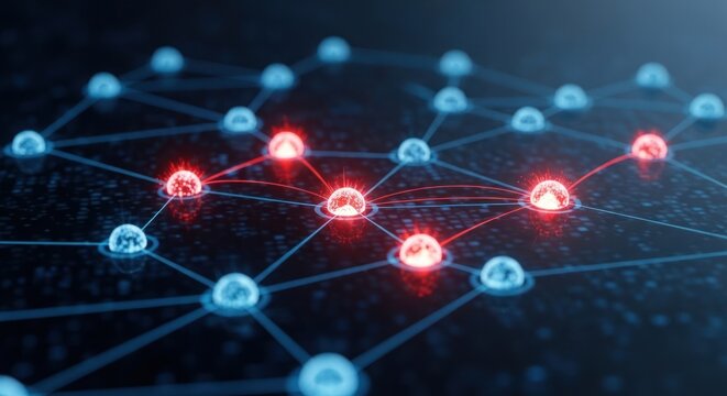 Complex network visualization with interconnected nodes and highlighted critical points