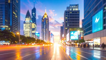 Naklejka premium Blurred Cityscape at Dusk Featuring Modern Architecture Illuminated Streets and Vibrant Sky with Skyscraper in Urban Setting