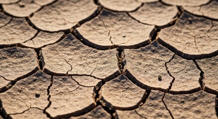 Close-up of cracked, dried earth.  Sun-baked earth, intricate network of fissures