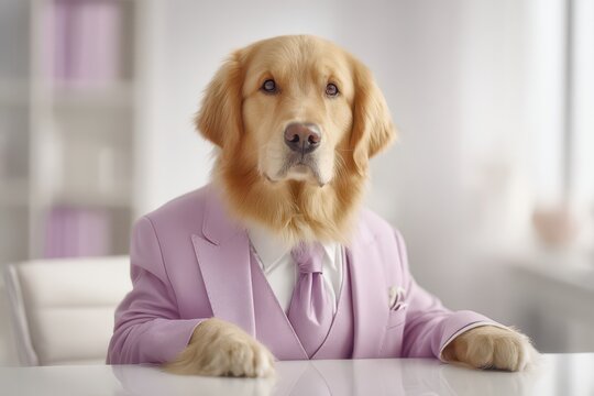Golden Retriever dressed in a stylish pink suit and tie, ready to conduct business, sitting at a desk in a bright modern office setting for a portrait.