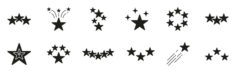 Star Silhouette Icon Set With Various Arrangements. Decorative And Rating Symbol Collection. Perfect For Reviews, Achievements, And Celebrations. Isolated Vector Illustration