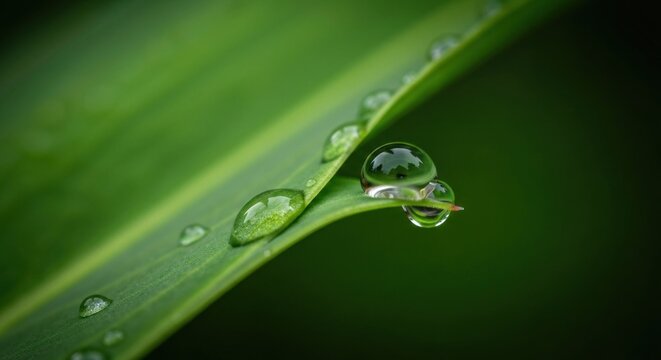 Close-up of dew drops on a vibrant green leaf