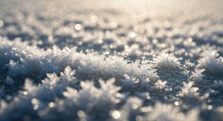 Close-up of frost crystals on snow, sunlit