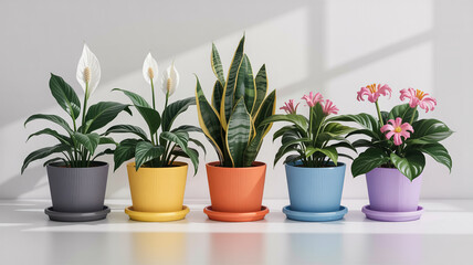 Obraz premium Potted plants with white and pink flowers and green leaves houseplants peace lily