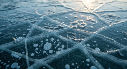 Close-up of fractured ice surface, bubbles trapped within