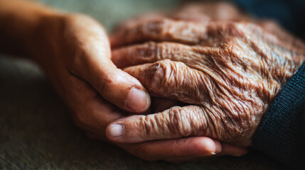 Fototapeta premium A close-up of a younger hand gently holding an older, wrinkled hand, symbolizing comfort, support, and intergenerational connection.