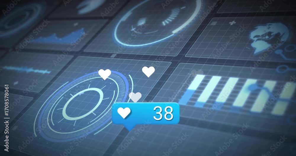 Aufkleber after loading, blue bubble appearing as heart icons floating, count incrementing showing likes