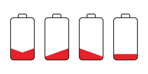 Low Battery Level Indicator Vector Showing Decreasing Charge in Red Fill Different Variation