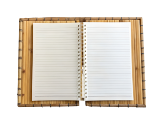 Open notebook on bamboo frame isolated on transparent background