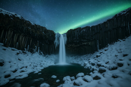 Waterfall and Aurora Borealis in Snow