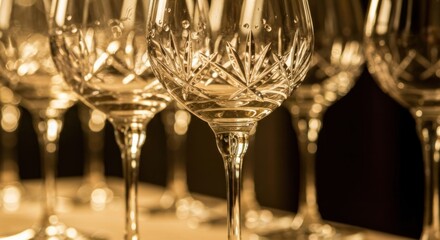 Close-up of several elegant crystal wine glasses, showcasing intricate patterns and gleaming surfaces