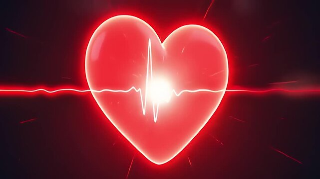 Glowing red heart symbol with heartbeat line on a dark background, representing love and vitality