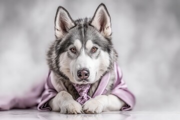 Elegant Alaskan Malamute resting gracefully wearing a fancy silk robe and necktie, exuding charm and sophistication in a studio setting, close up shot.