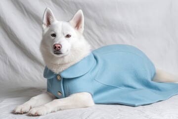 Elegant white husky dog gracefully rests wearing a chic blue coat, presenting a poised and stylish portrait on a white backdrop, with delicate fabric folds.