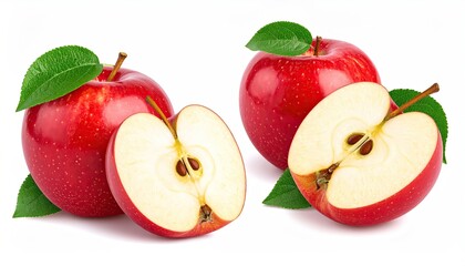 Bright Red Apples Halved and Whole with Green Leaves Still Life on White Background