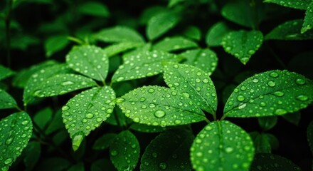 Close-up of vibrant green leaves, covered in glistening water droplets