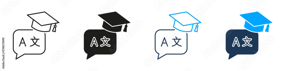 Poster graduation cap with language speech bubble line and solid icon set. language learning, translation, 