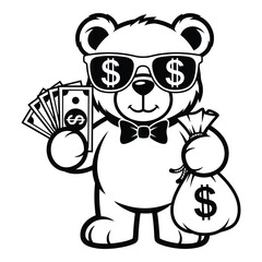 Obraz premium Vector art of teddy bear with money and sunglasses isolated on white background