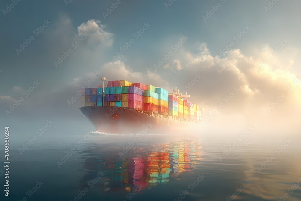 Poster a large container ship carrying colorful containers sails through the fog-covered ocean, reflecting 