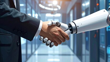 Business Deal Between Human and Robot in Modern Tech Corridor with Warm Lighting and Futuristic Atmosphere