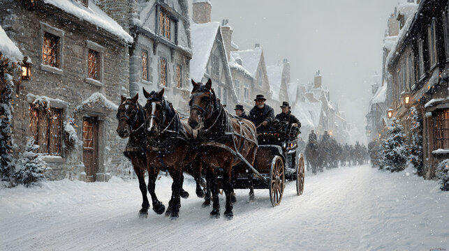 Victorian horse-drawn carriage with drivers traveling through snowy village street during gentle snowfall, historic winter scene with lantern-lit stone houses and festive atmosphere, panoramic holiday