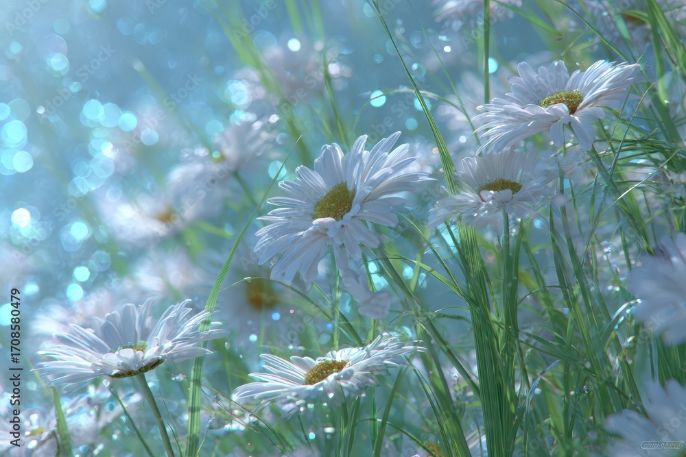 Poster a dreamy close-up of white daisies in a field with bokeh lights and soft focus creating an ethereal 