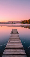 Fototapeta premium Tranquil autumnal sunrise over a lake, with a wooden dock extending into the water. Peaceful morning light, soft colors, and mist-shrouded shoreline