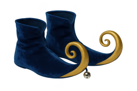 Pair of blue velvet elf shoes with gold curled toes and jingle bells on transparent background