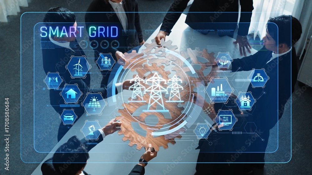 Poster a business team collaborates on advanced smart grid technology, using a digital interface and cogwhe