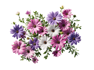 Diagonal Flow of Multicolored Osteospermum Flowers with Soft Green Leaves, Photorealistic Botanical Style, Isolated.