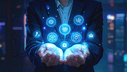 Businessman Holding Glowing Digital Icons in Dark Cityscape Background