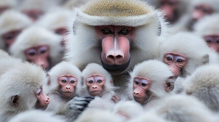 White baboons, family, dense cluster, snowy background