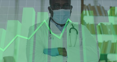 Doctor standing, grid initiating green bars growing, line graph highlighting patient data trends - Powered by Adobe