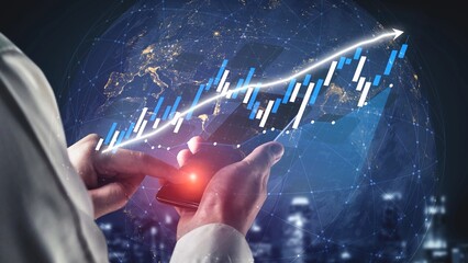 A business professional analyzes data trends on a smartphone, highlighting growth and innovation against an abstract global background in a digital landscape. Copula