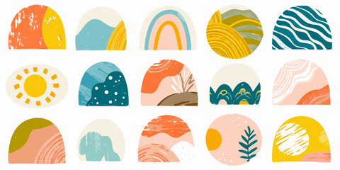 Collection of abstract mid century modern arches and circles with organic shapes and textures